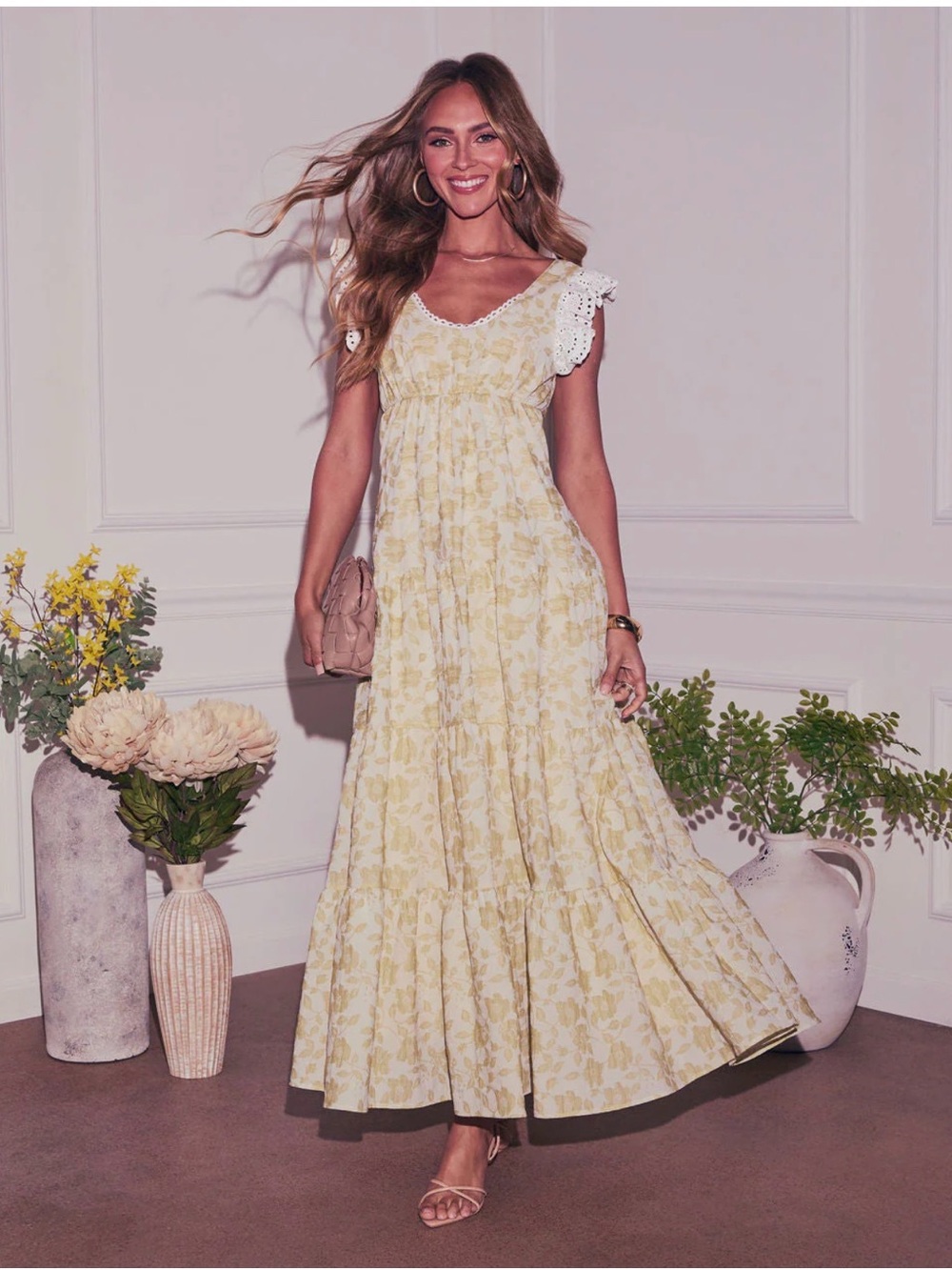 Vici Yellow Floral Lace-Sleeve Maxi Dress